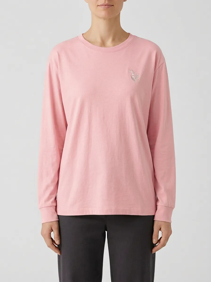 Women's Lily-of-the-Valley Floral Embroidered Long-Sleeve Crew-Neck T-Shirt