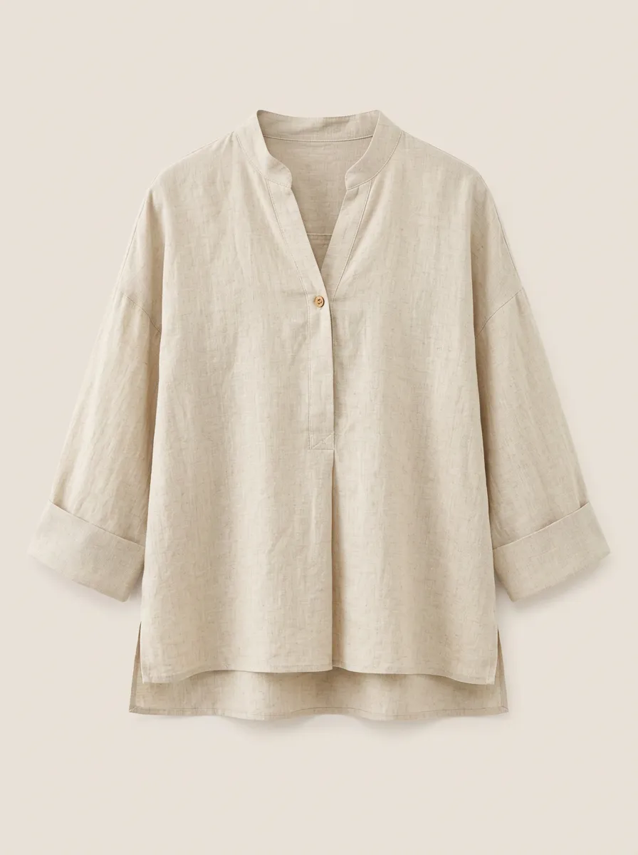 Women's Casual Minimalist Beige Linen Blend V-Neck Shirt