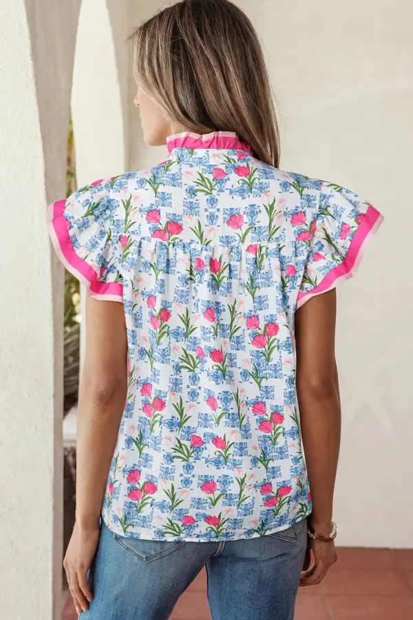 Women's Floral Print Striped Half Button Top