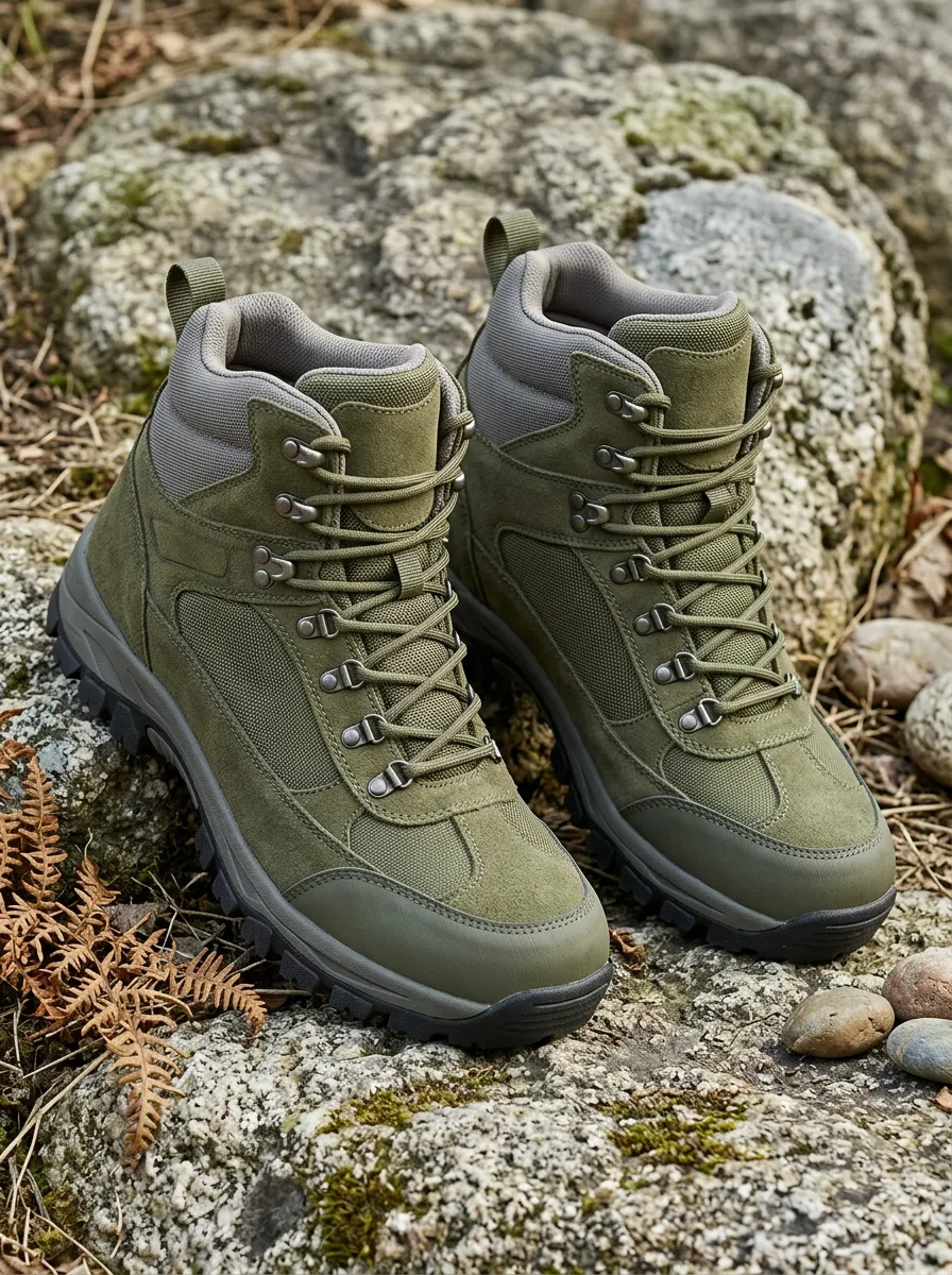 Unisex Minimal Outdoor Hiking Olive Green Suede Printed Boots