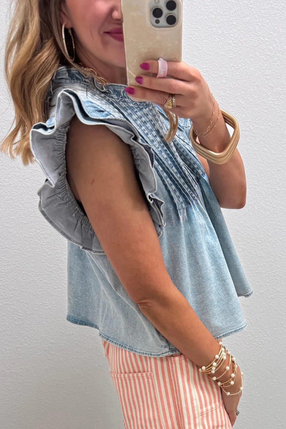 Beau Blue Ruffle Pleated Detail Top
