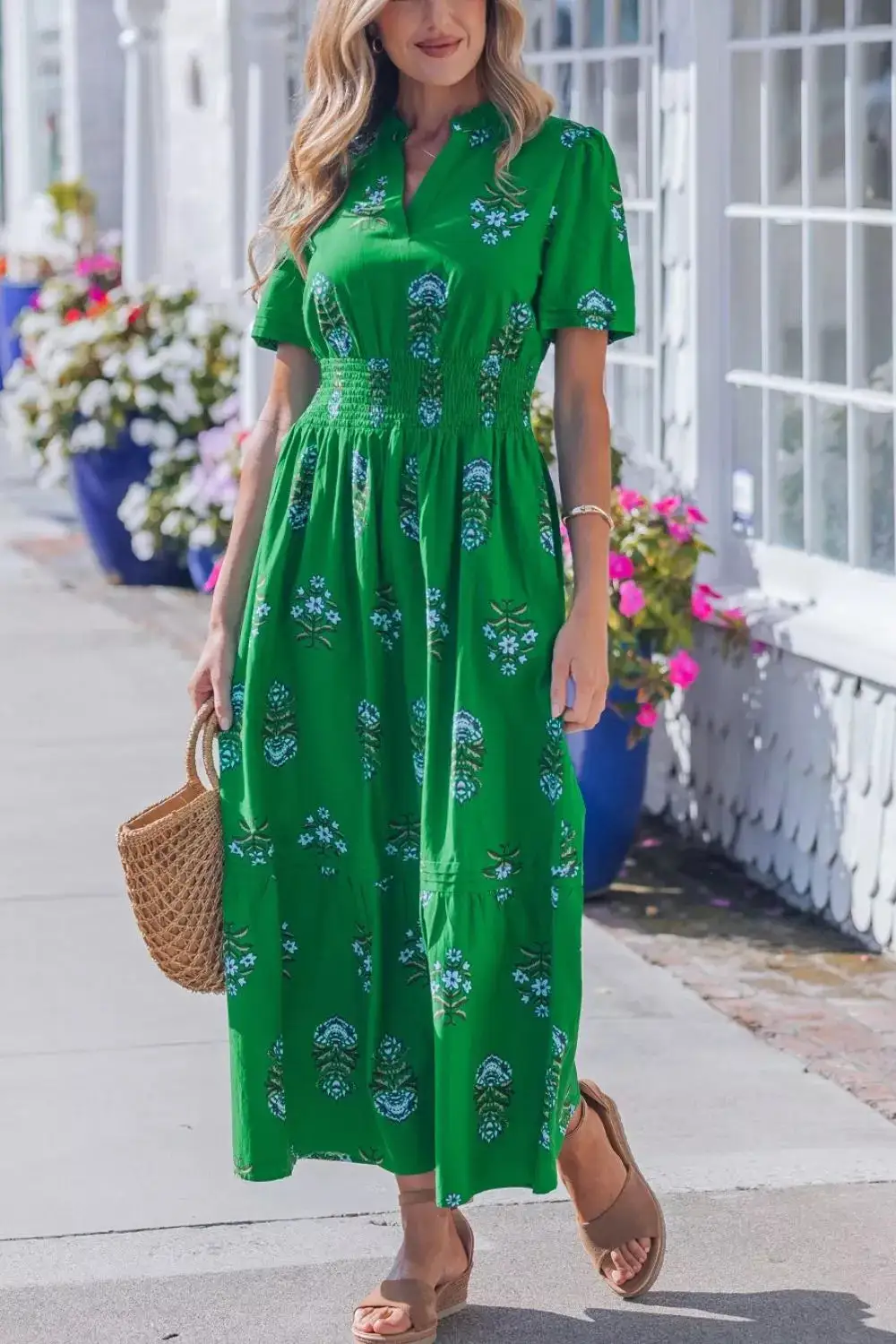 Relaxed Floral Print Smocked Waist Maxi Dress
