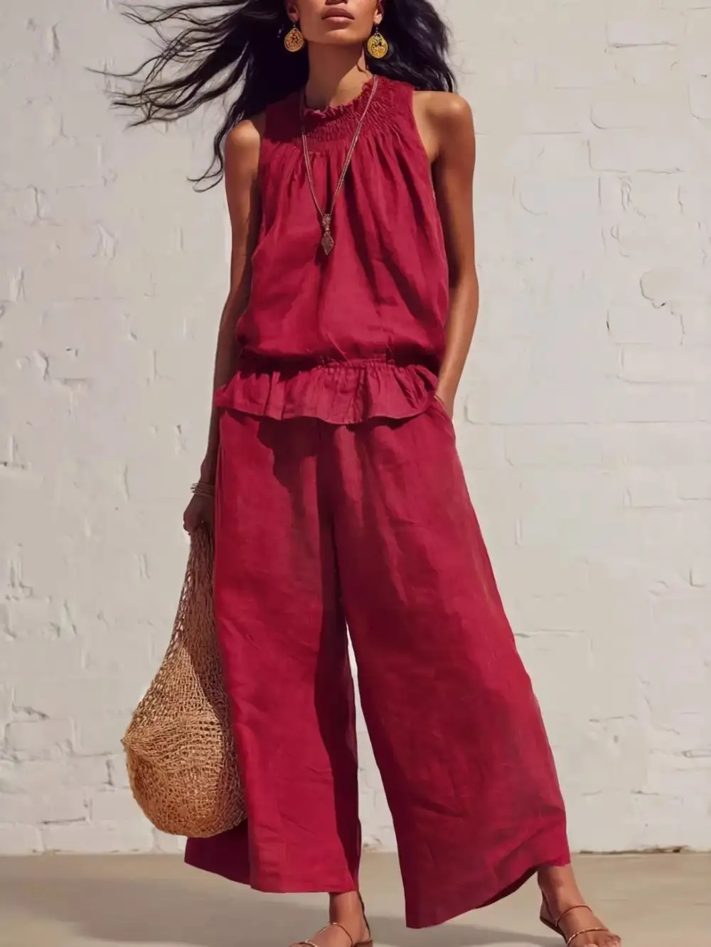 Smocked Ruffled Hem Top and Wide Leg Pants Set