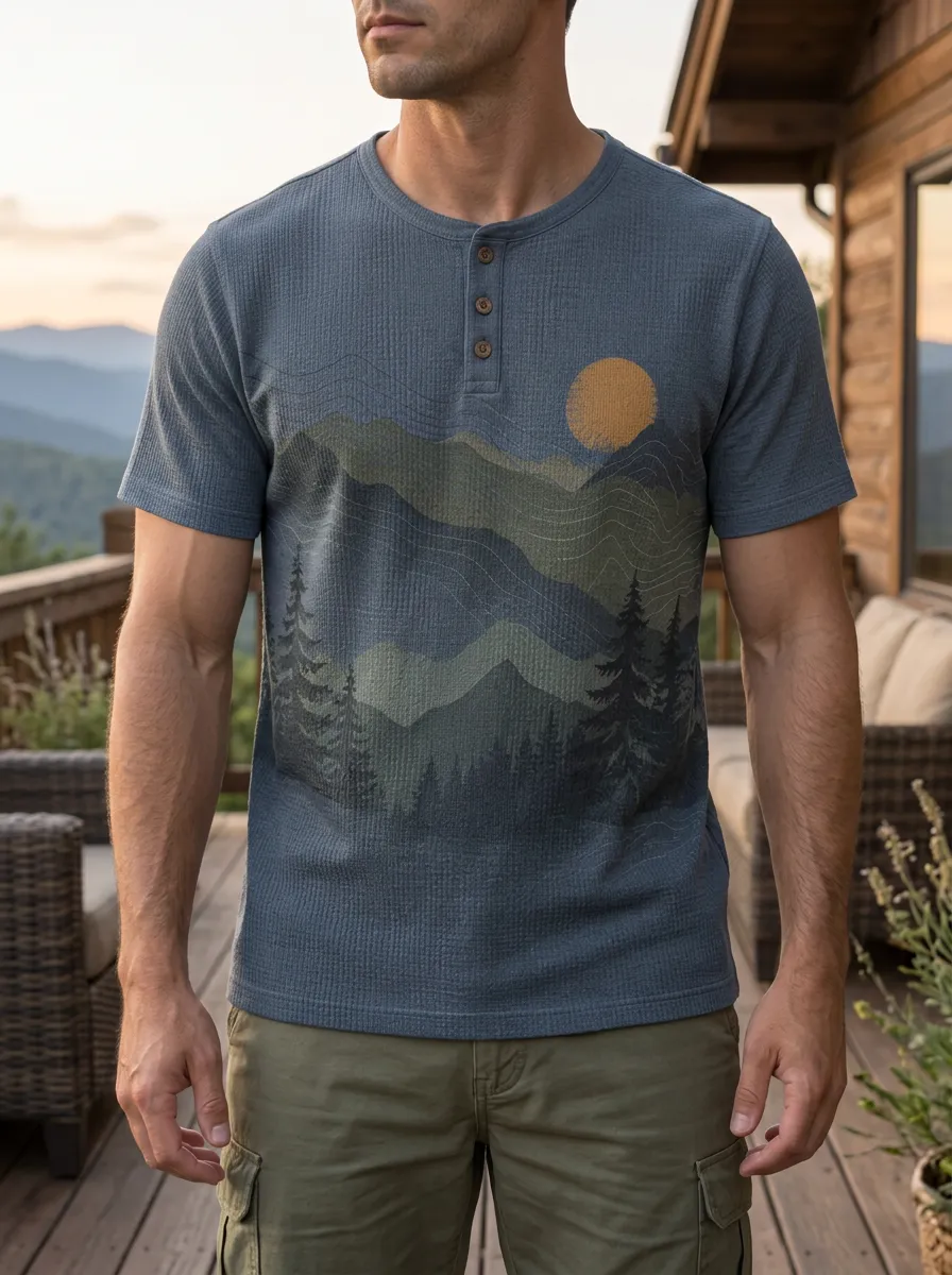 Men's Everyday Nature Lover Mountain Forest Henley T-Shirt