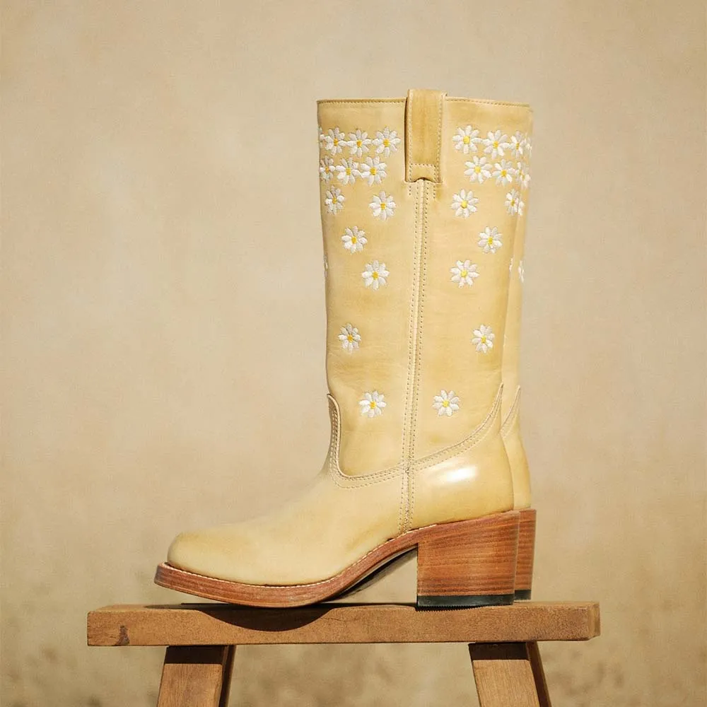 Faux-Leather Embroidered Floral Round-Toe Western Boots