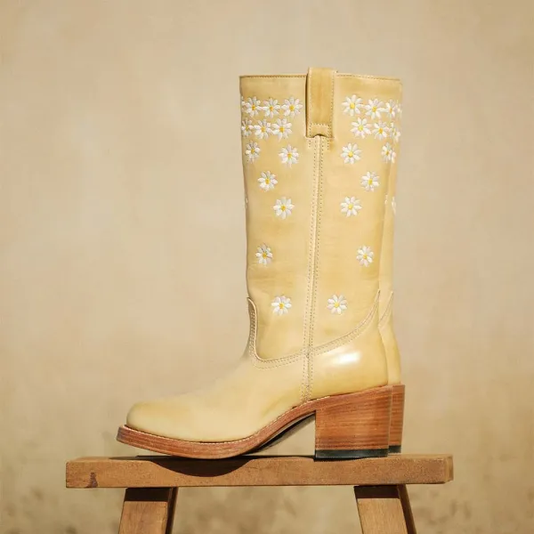 Faux-Leather Embroidered Floral Round-Toe Western Boots