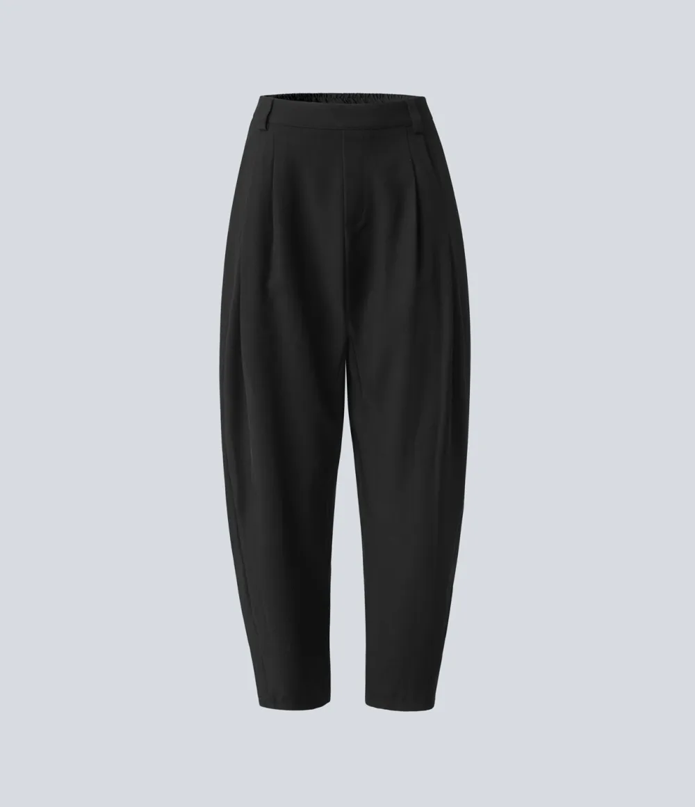 Mid Rise Plicated Side Pocket Barrel Leg Work Pants