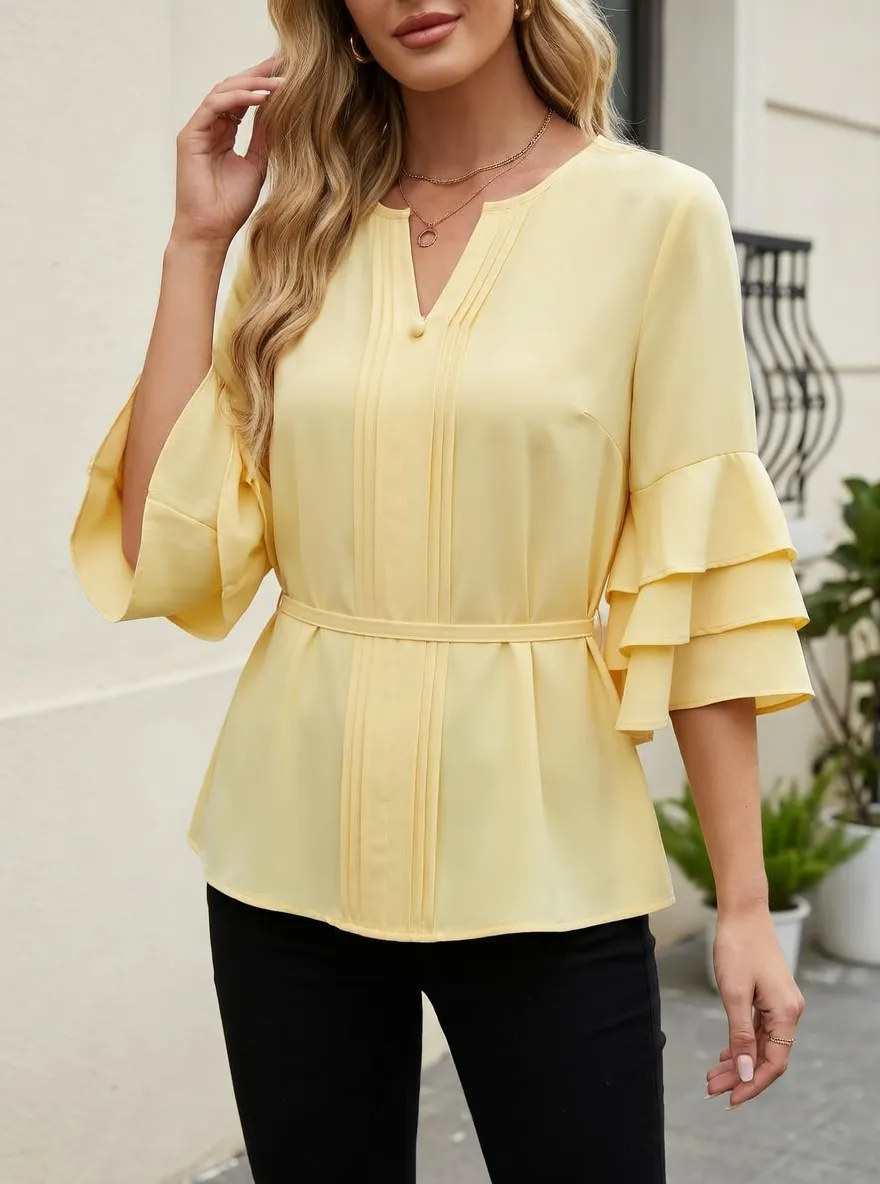 Pleated Ruffle Sleeve Blouse