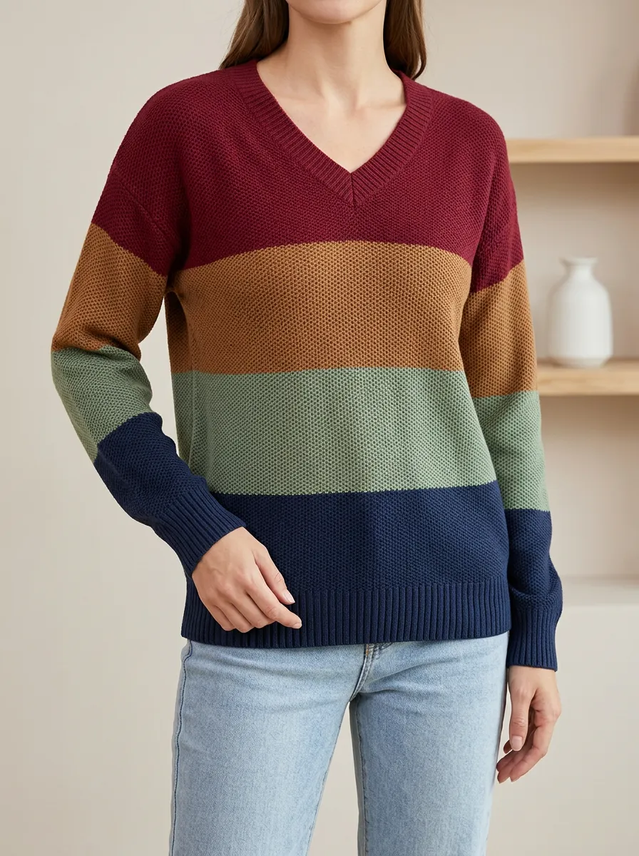 Effortless Soft Knit Knit Pullover Featuring Stripe Pattern and V Neck
