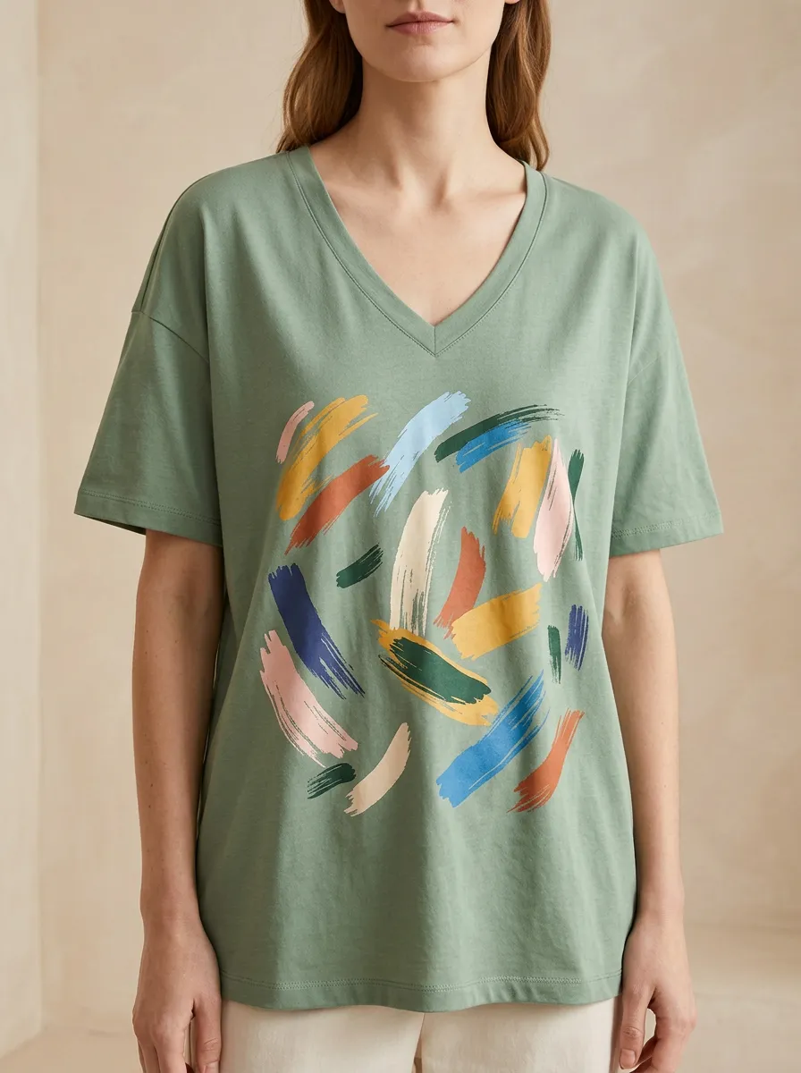 Women's Abstract Art Colorful Brushstroke Printed V-Neck T-Shirt Relaxed Design