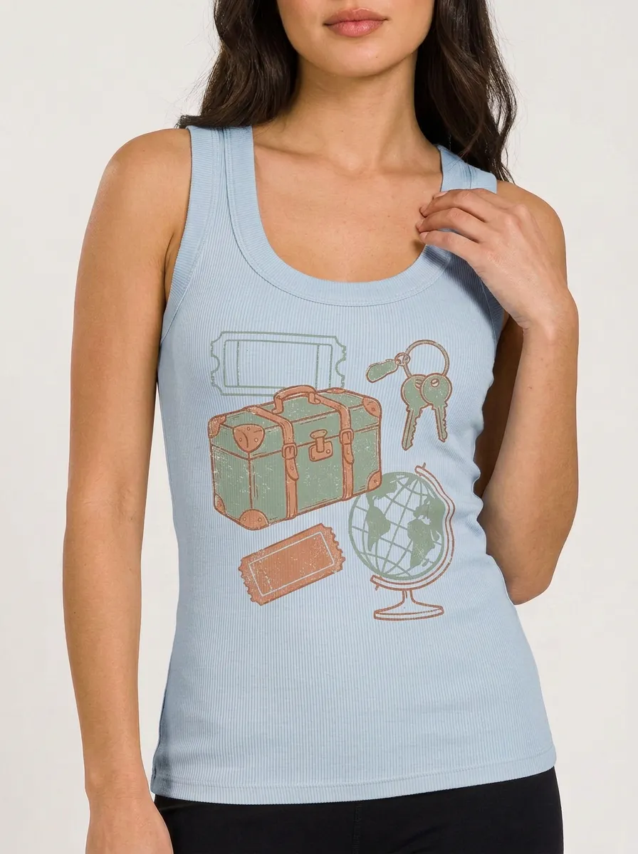Women's Travel Lover Suitcase Globe Ticket Printed Tank Top