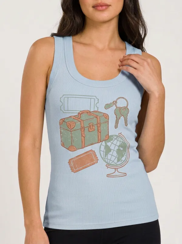 Women's Travel Lover Suitcase Globe Ticket Printed Tank Top