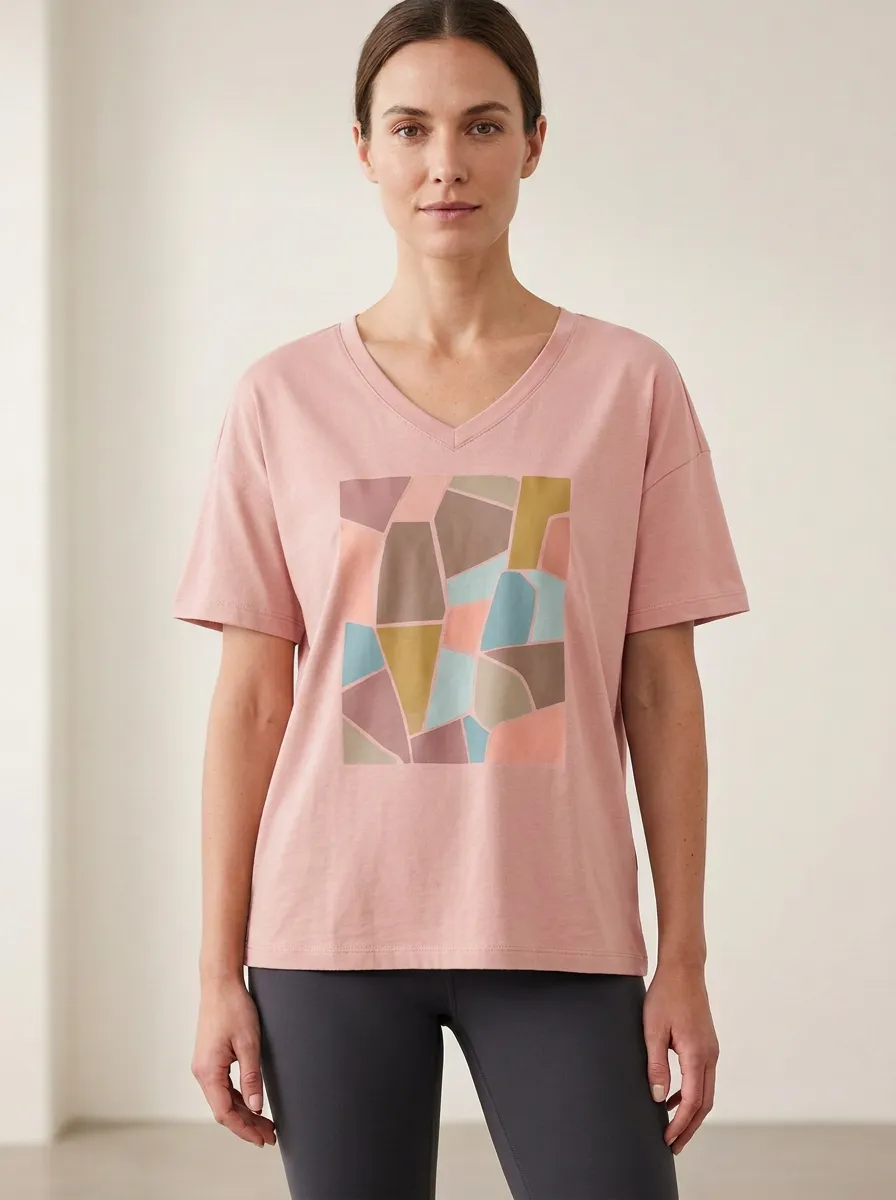 Women's Abstract Geometric Mosaic Printed V-Neck T-Shirt