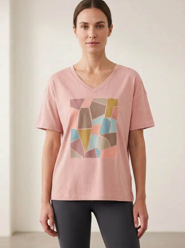 Women's Abstract Geometric Mosaic Printed V-Neck T-Shirt