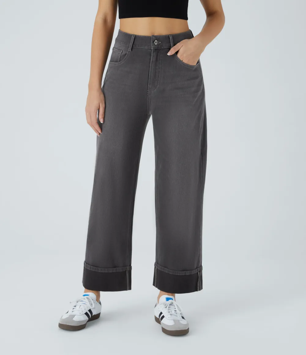 Magic High Waisted Multiple Pockets Rolled Hem Wide Leg Washed Stretchy Knit Casual Jeans