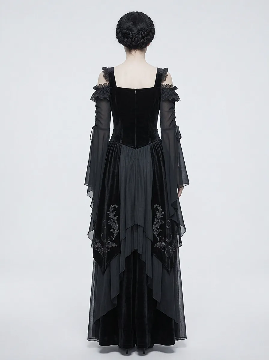 Dark Romantic Moon Floral Velvet Statement Women's Gothic Dress