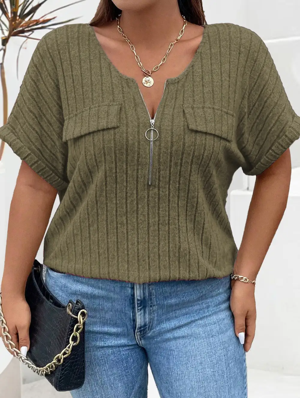 Ribbed V-Neck Knit Top