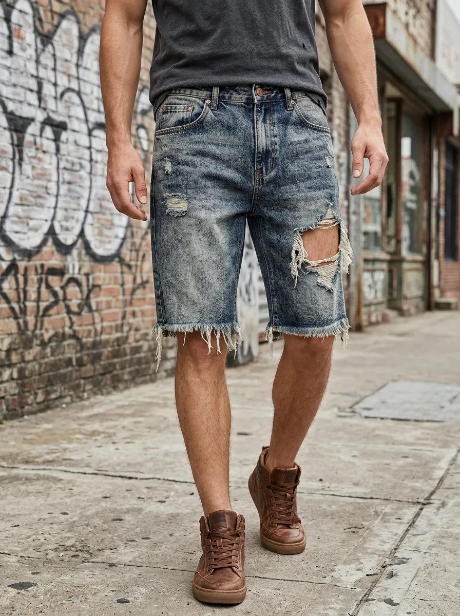 Men's Distressed Acid Wash Ripped Raw Hem Denim Shorts