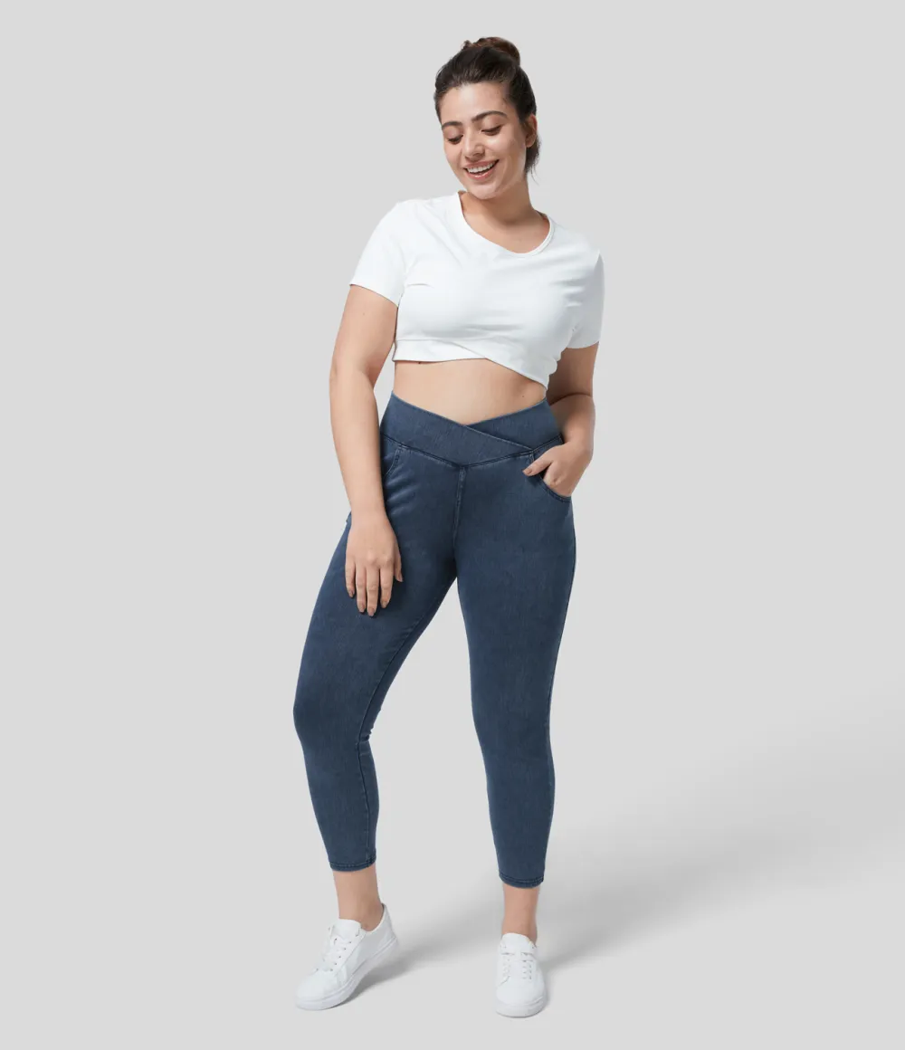 Magic High Waisted Crossover Multiple Pockets Stretchy Knit Denim 7/8 Plus Size Work Leggings