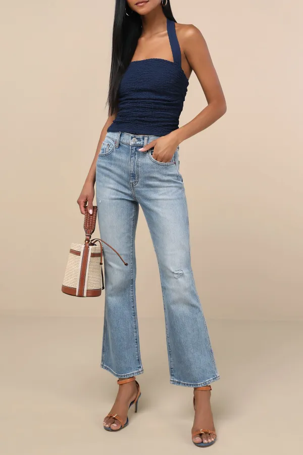 Casual Style Faded Distressed High-Rise Flare Jeans