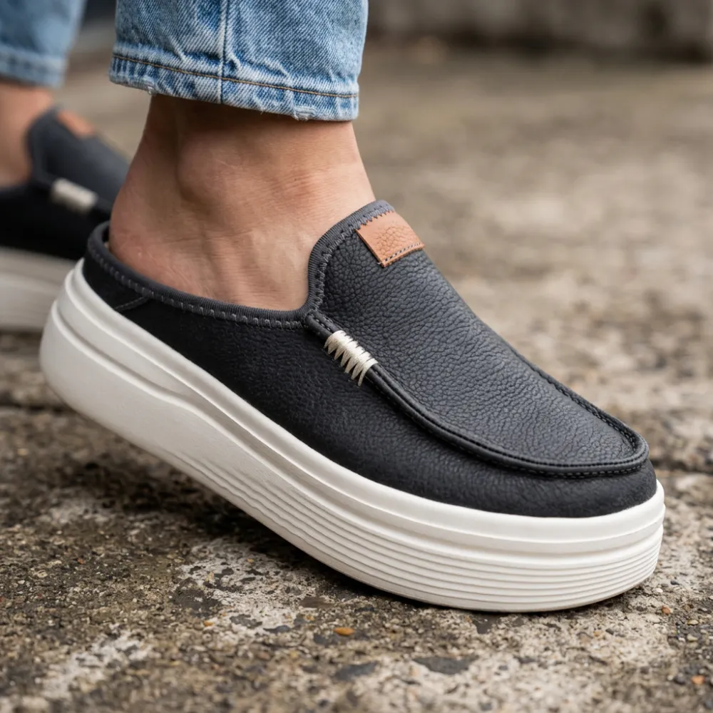 Platform Leather Slip On Mule Shoes For Women