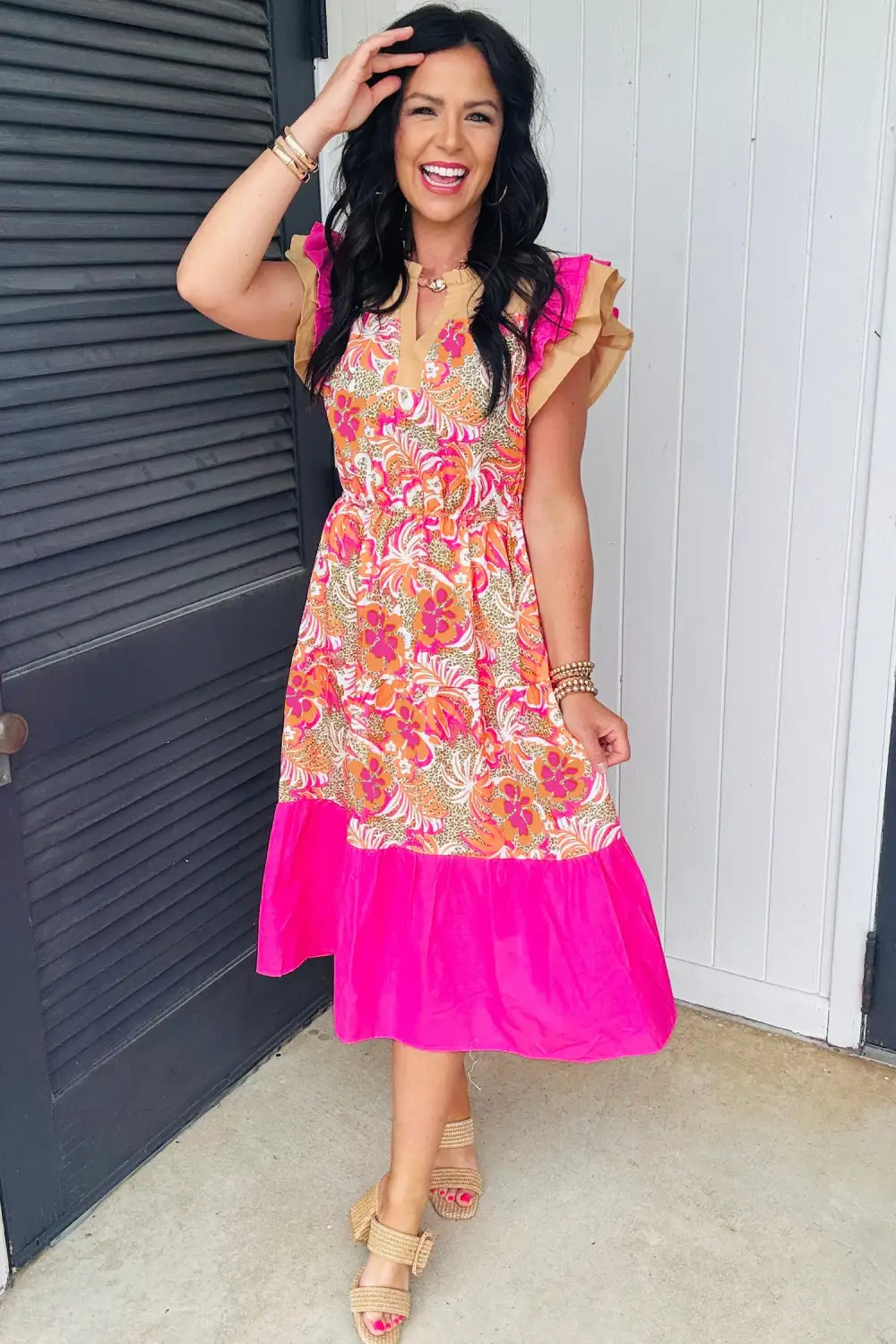 Floral Patchwork Ruffle Midi Dress
