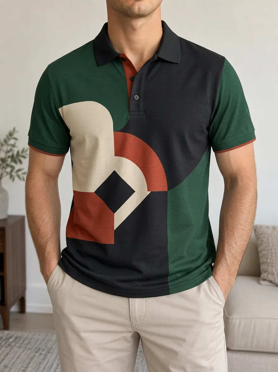Men's Geometric Colorblock Abstract Printed Polo Shirt Weekend Casual Style