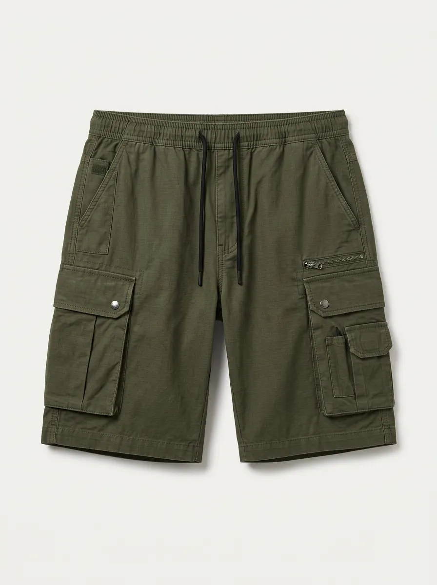 Men's Multi-Pocket Drawstring Grid-Texture Cargo Shorts