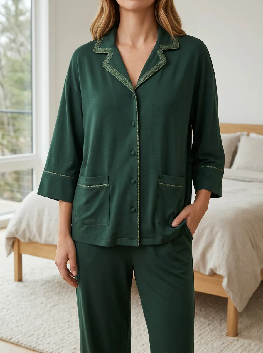 Button Front Collared Lounge Pajama Top
