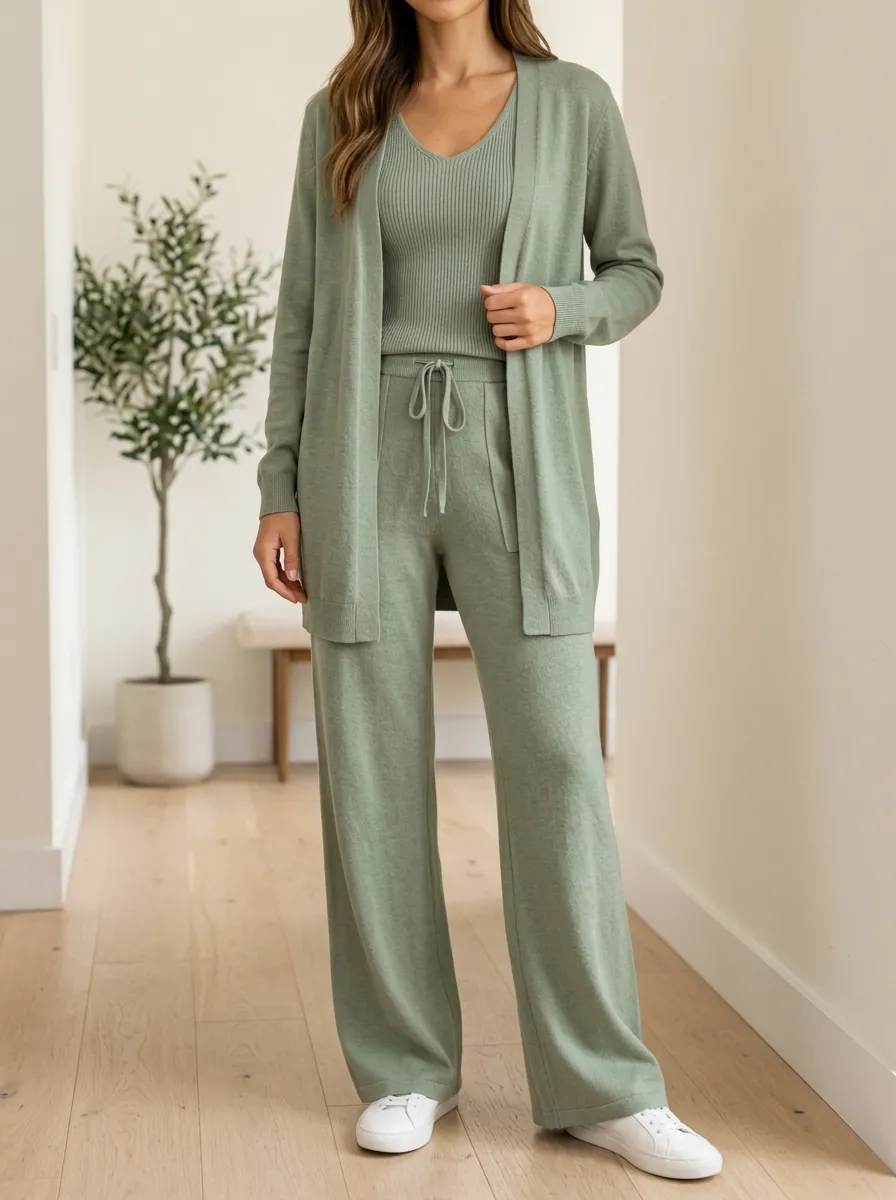 Women's Mix And Match Ribbed Knit Cardigan And Pants With Tank Top Three Piece Outfit