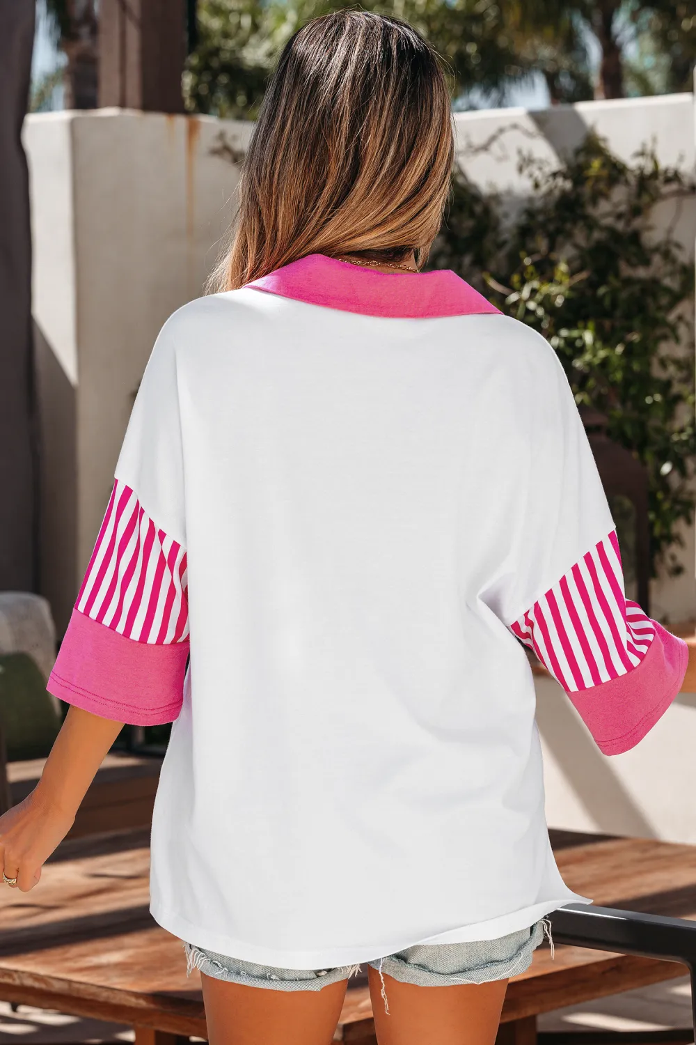 White Striped Block Patchwork Polo Tee
