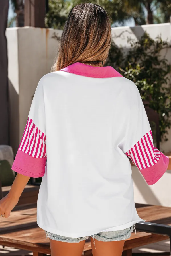 White Striped Block Patchwork Polo Tee