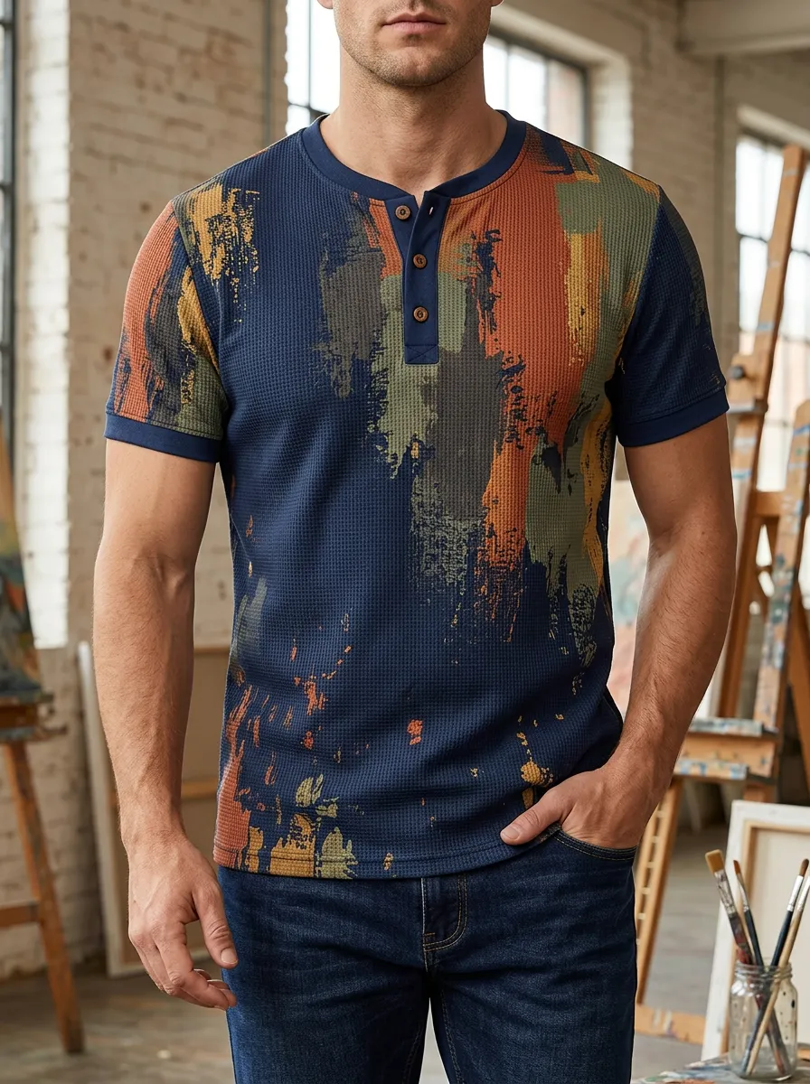 Men's Artful Abstract Paint Stroke Waffle Henley T-Shirt