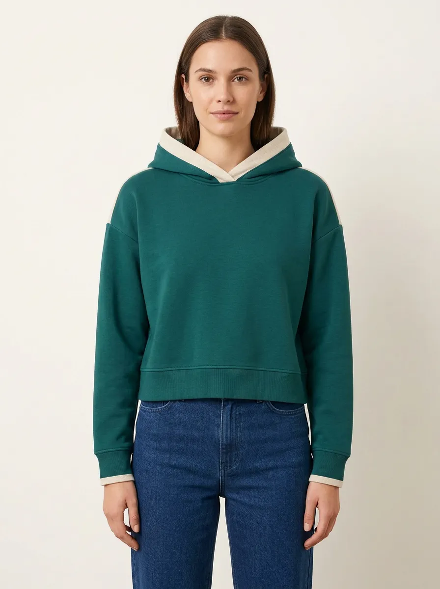 Women's Two-Tone Crossover-Neck Boxy Pullover Hoodie