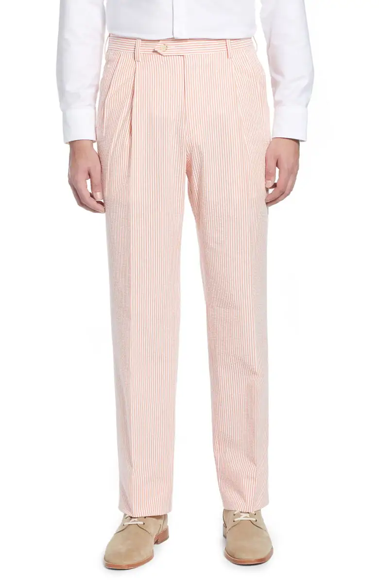Modern Seersucker Pleated Front Regular Rise Relaxed Fit Trousers