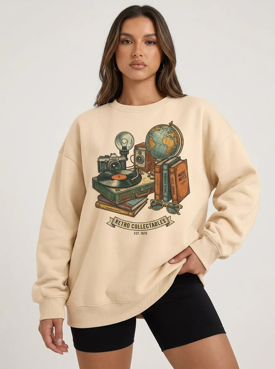 Women's Retro Collectables Globe Camera Books Printed Sweatshirt