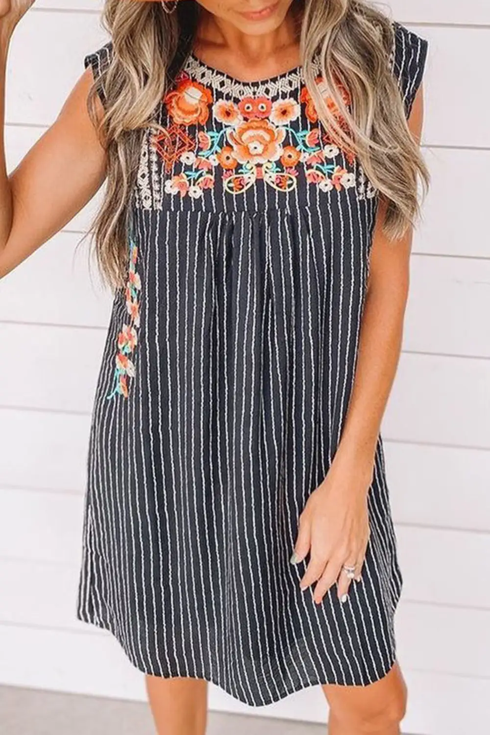 Striped Embroidered Mini Dress