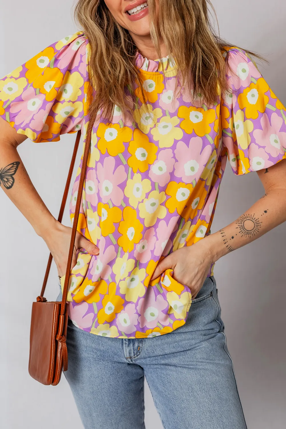 Purple Frilled Neck Puff Short Sleeve Top