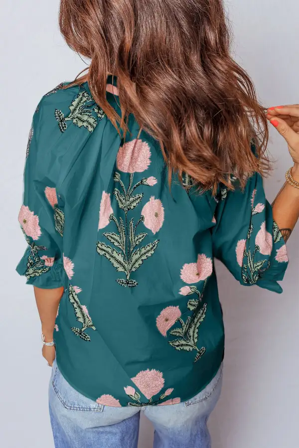 Women's Floral Print Flower Motif V Neck Top