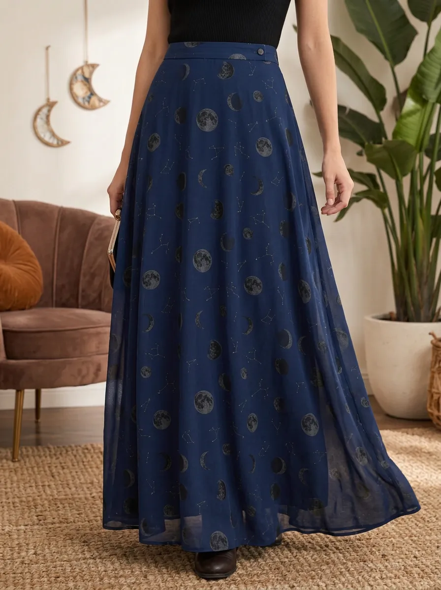 Women's Halloween Celestial Moon Constellation Printed Maxi Skirt