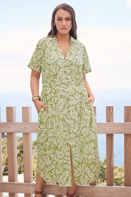 Green Leaf Print Linen Shirred Waist Midi Dress