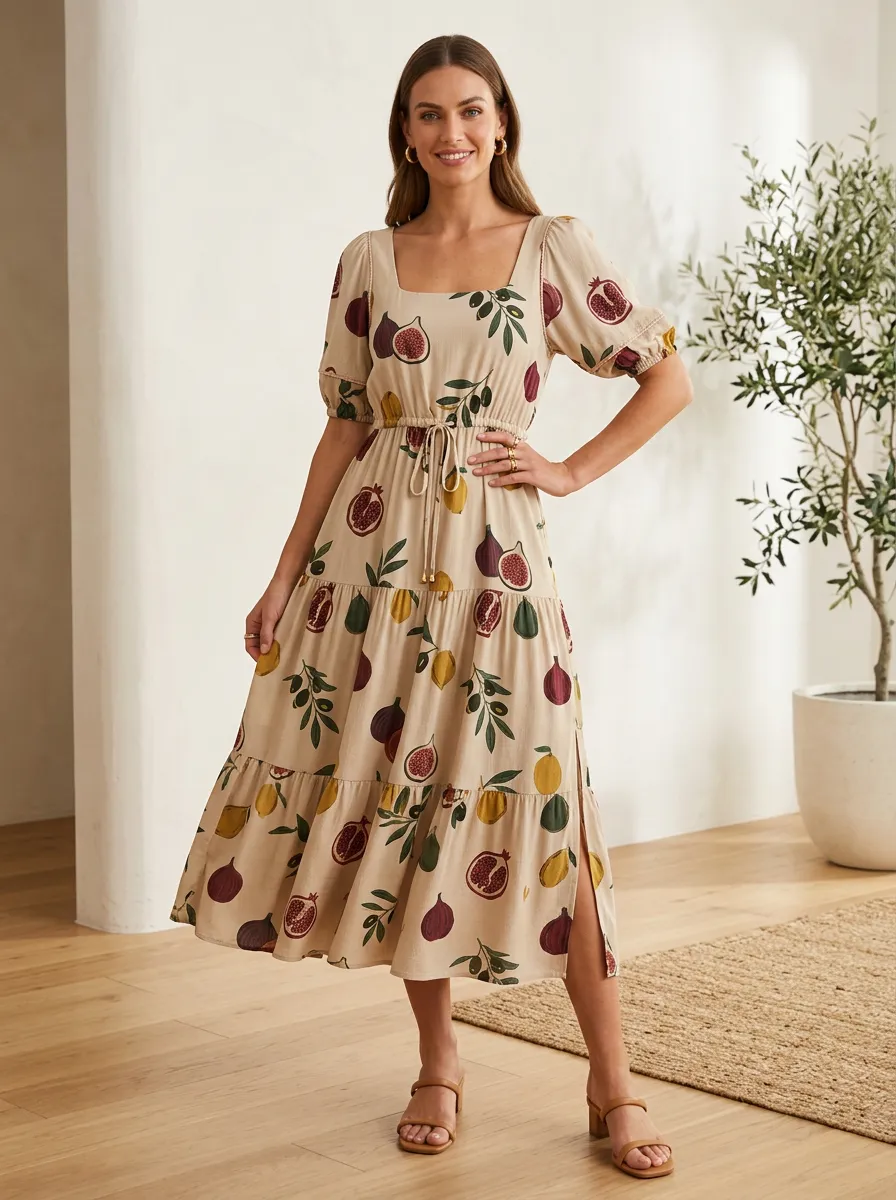 Women's Pomegranate Botanical Fig Expressive Pattern Printed Dress