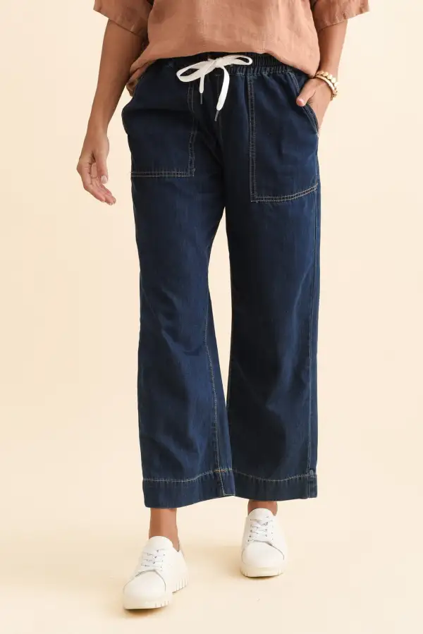 Denim Pants With High Rise And Elastic Waist