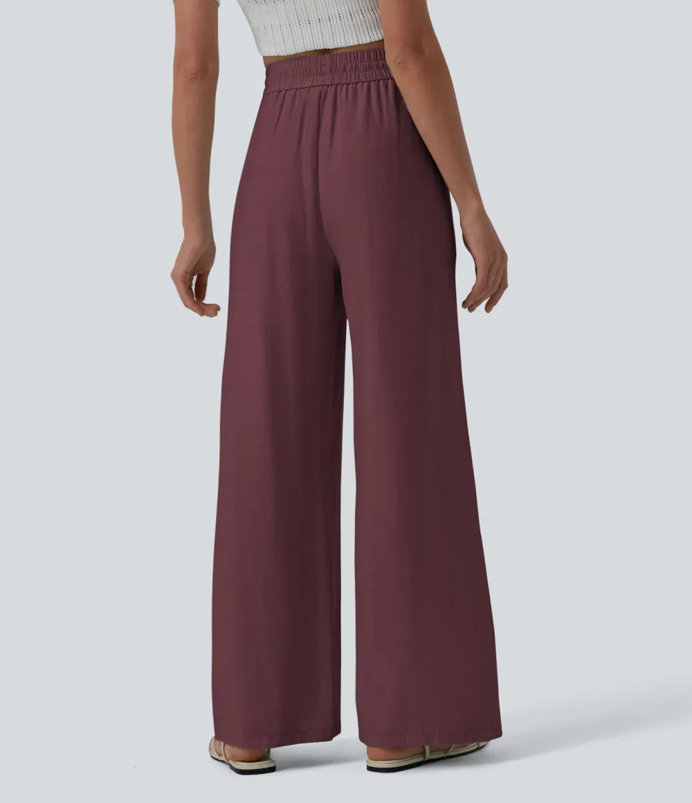 2026🔥High Waisted Drawstring Wide Leg Casual Linen-Blend Trousers with Pockets