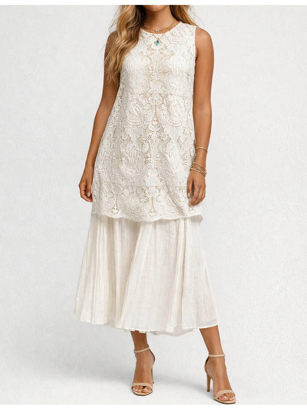 Embroidery Hollow Out Round Neck Sleeveless Midi Dress