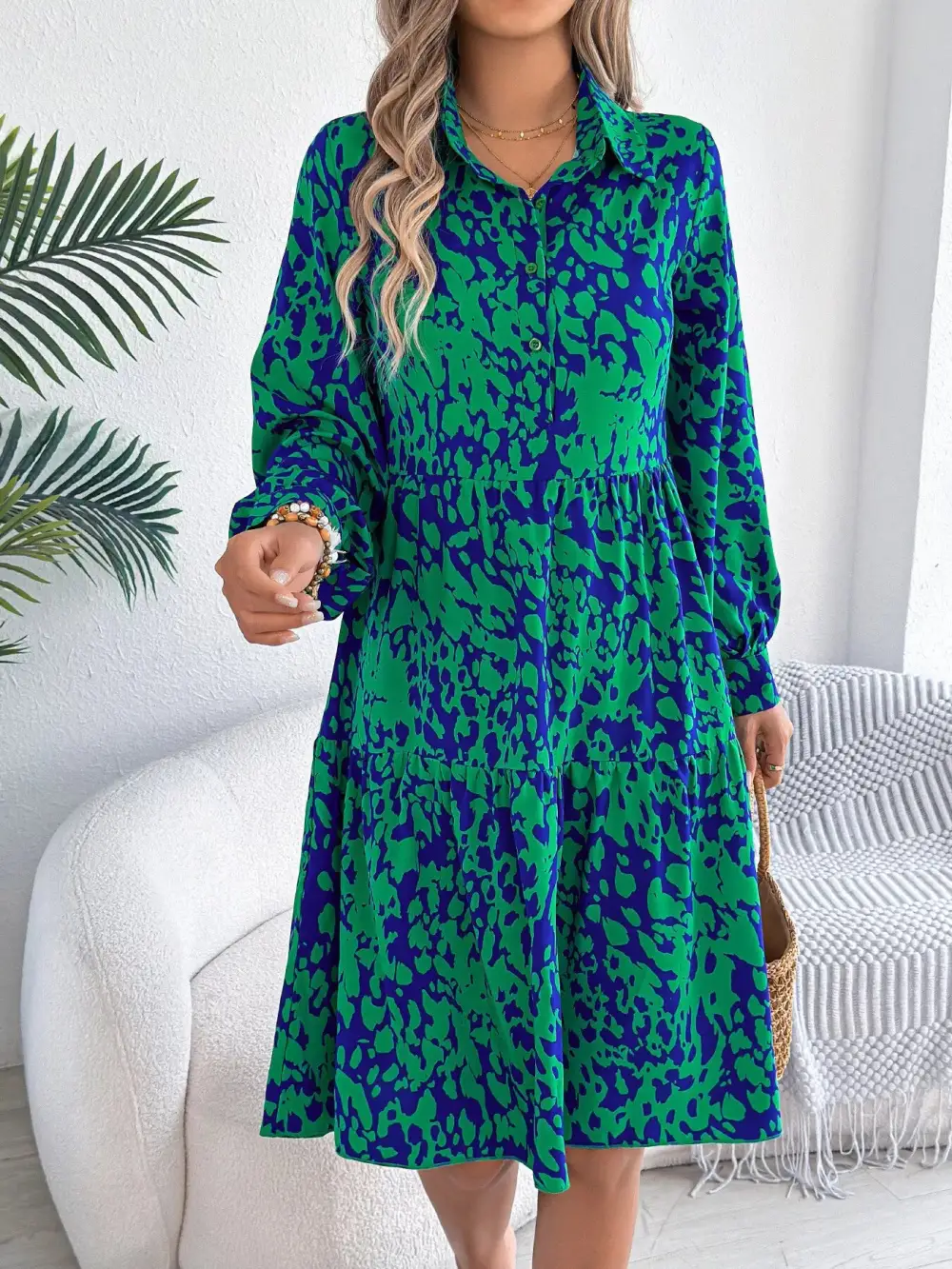 Printed Long Sleeve Collared Dress Casual