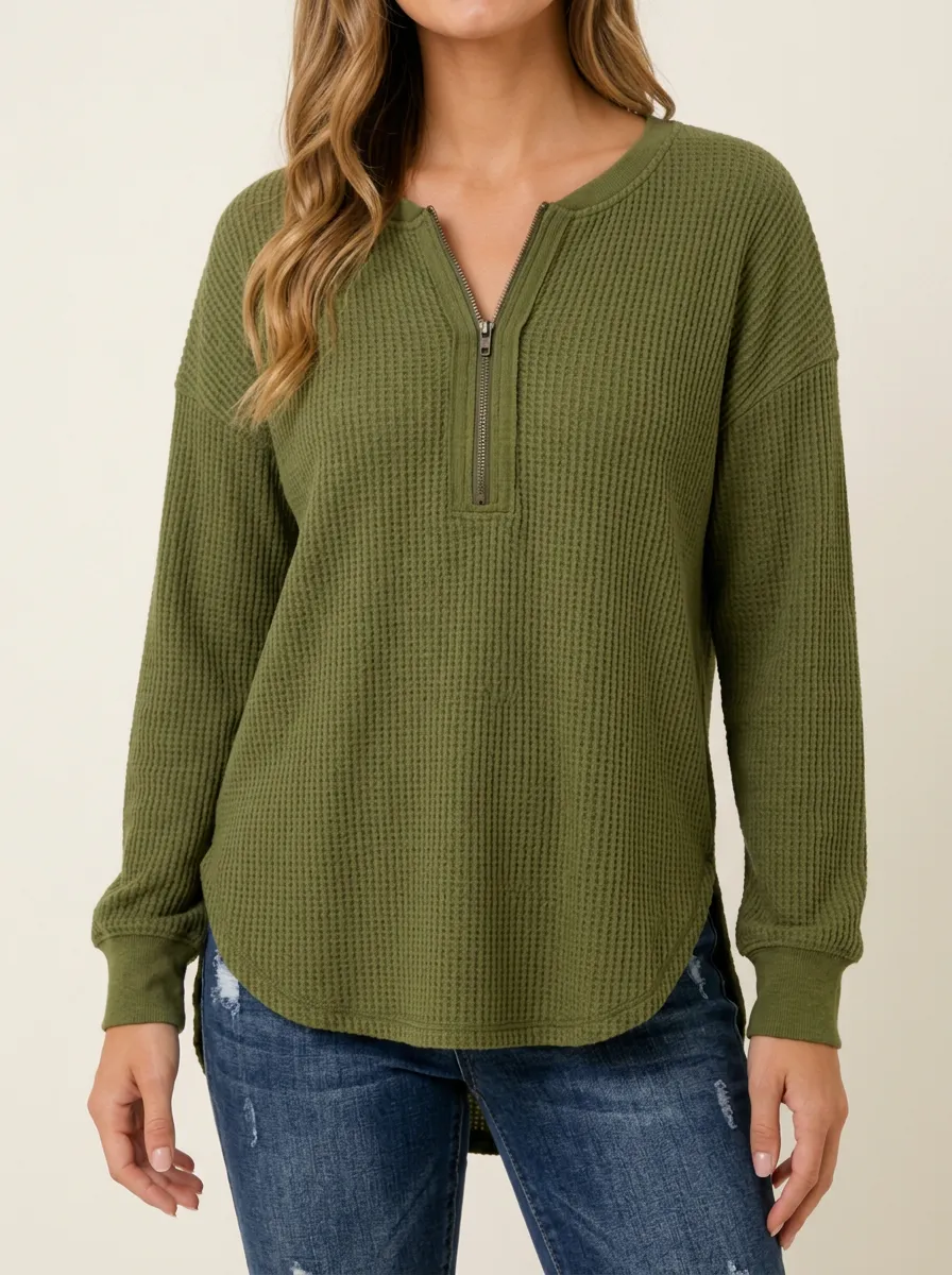 Easygoing Layered Waffle Knit Quarter Zip Pullover Top