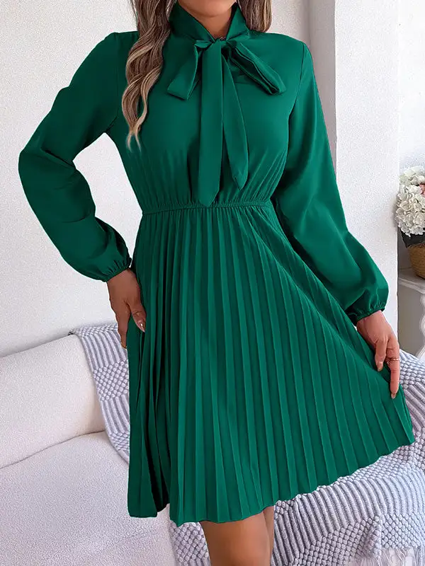 Long Sleeve Relaxed Pleated Solid Color Tied Mock Neck Mini Dress