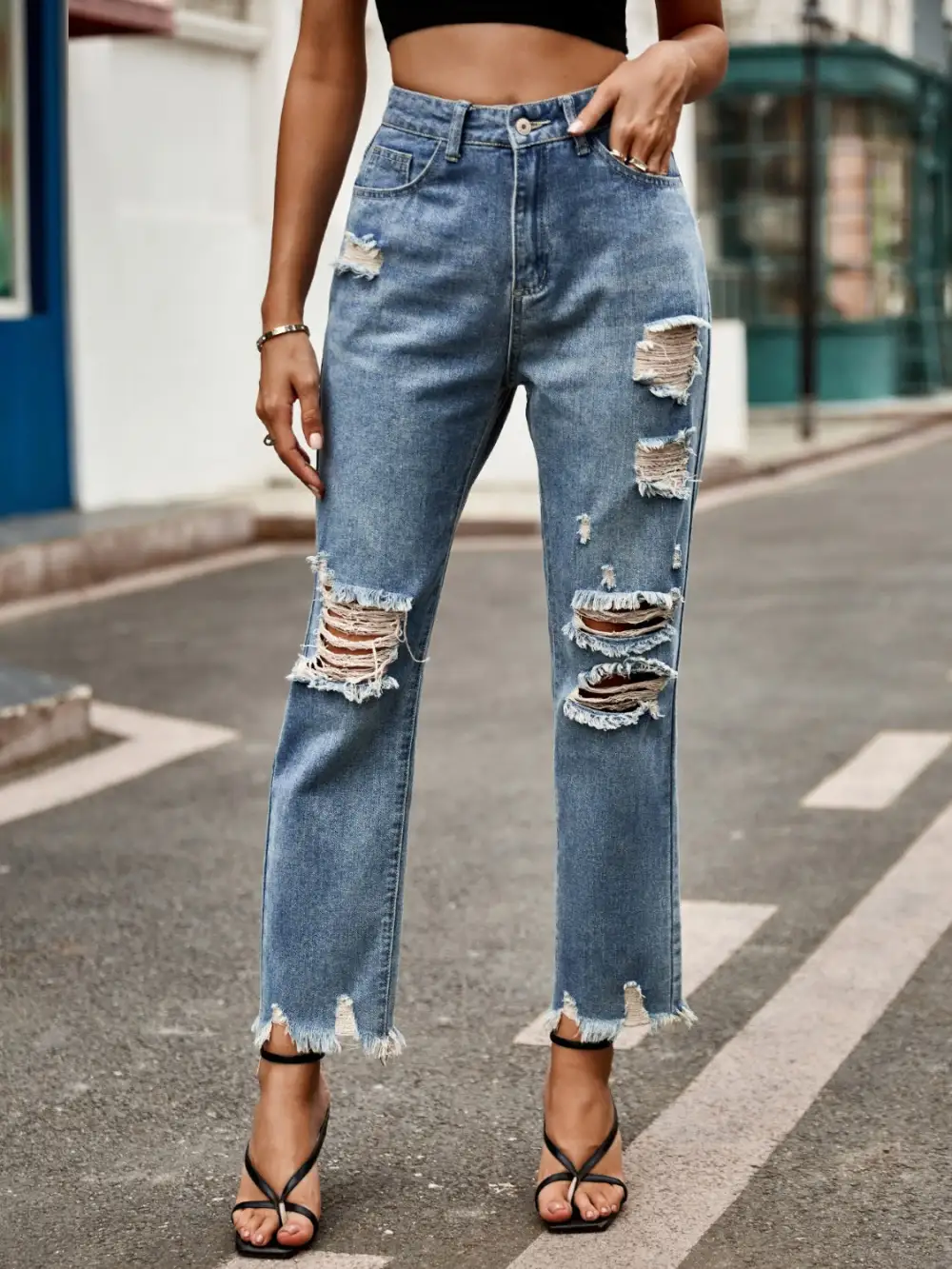 Distressed Raw Hem Pocket Denim Jeans