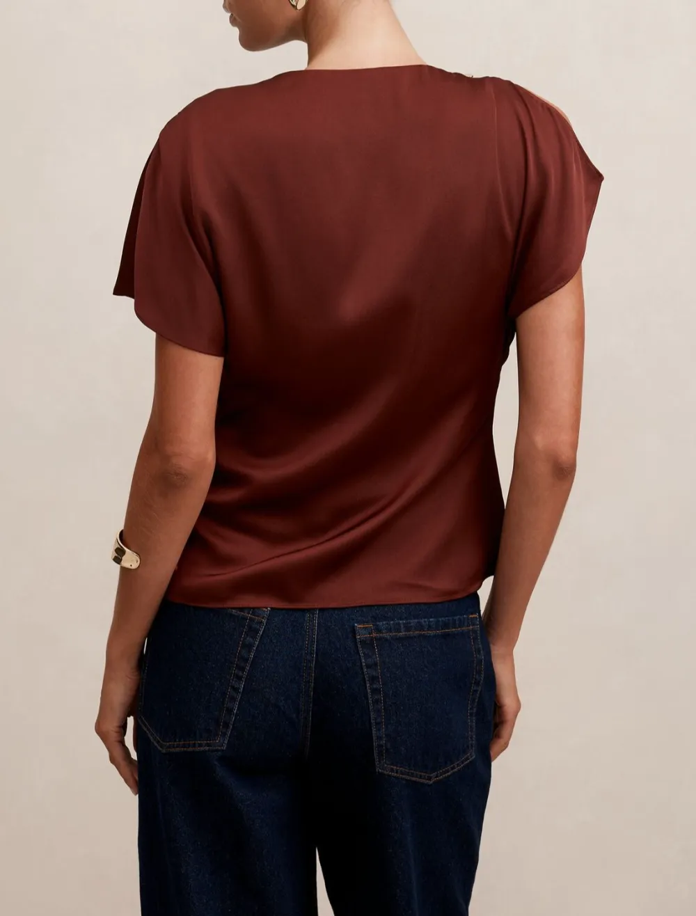 Burgundy Cowl Neck Draped Satin Blouse